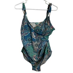 SPANX Women's Teal Blue Paisley One-Piece Swimsuit